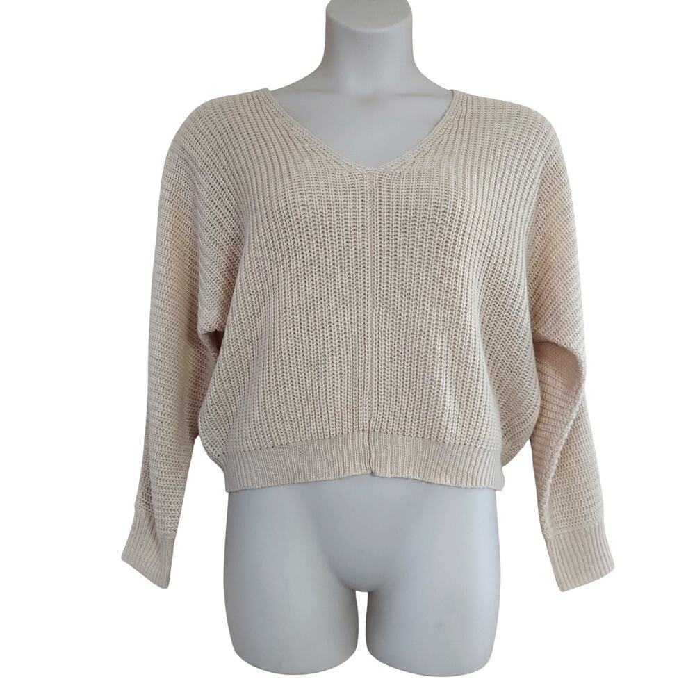 Oak & Trellis Women's Beige V-Neck Oversized Cropped Knit Sweater